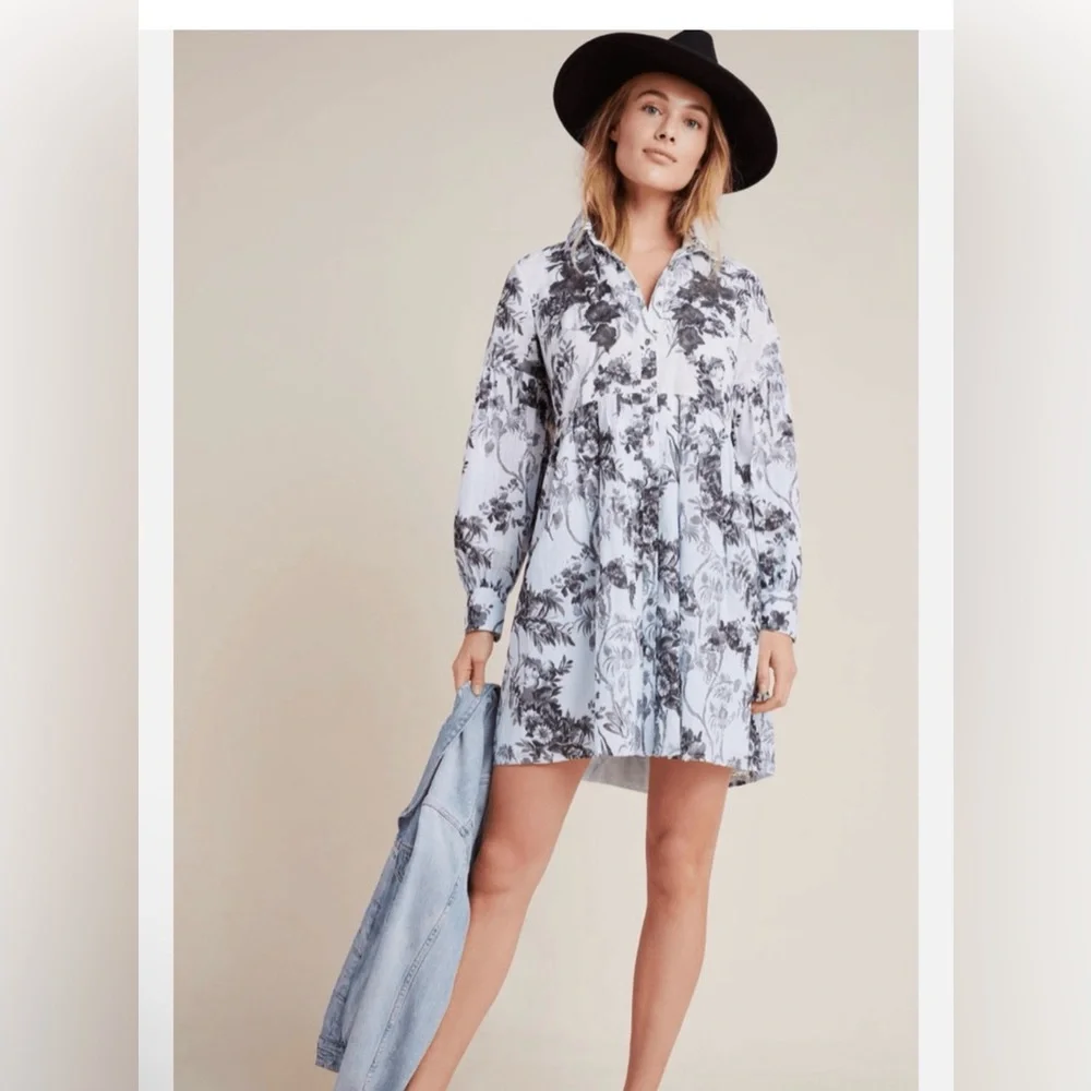 Anthropologie Lavinia Embroidered Shirtdress Mini Tunic Cotton Floral side 12 - Picture 1 of 6